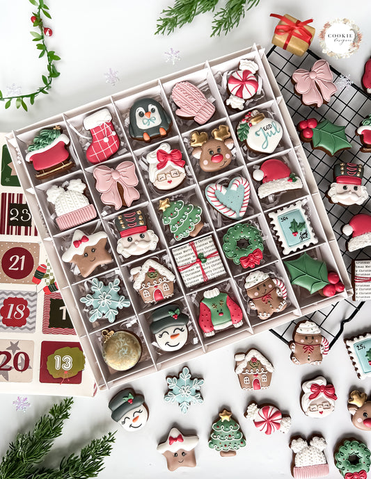 cookieskalender, pepperkakekalender, julekalender, adventskalender, julekaker, håndlaget, dekorert, melisglasur, småkaker, gaveidé