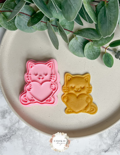 Katt med hjerte Stempel + Utstikker - Utstikkersett